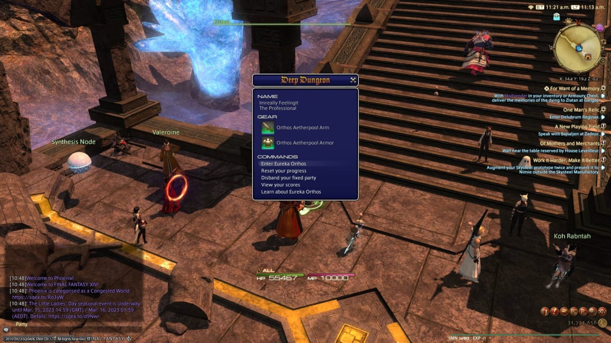 Viewing the Fantasy XIV Eureka Orthos main menu screen, with "Enter Eureka Orthos" higlighted.