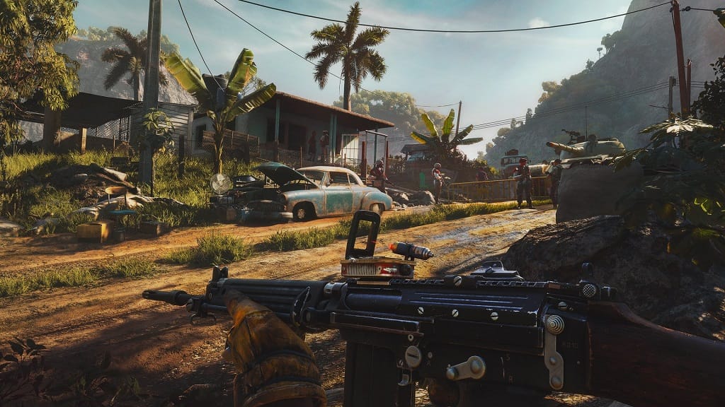 The player approaches a ramshackle village in Far Cry 6