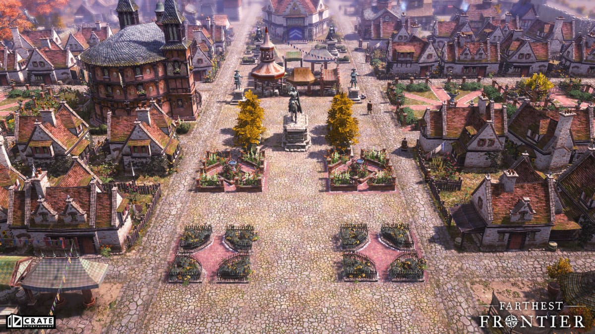 A grand-looking town square populated with trees, statues, and buildings in Farthest Frontier