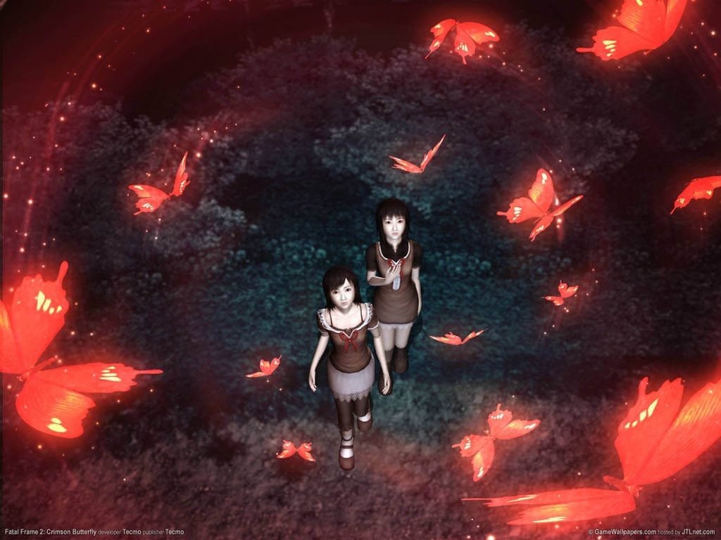 Twin sisters Mio and Mayu gaze up at a cloud of crimson butterflies.