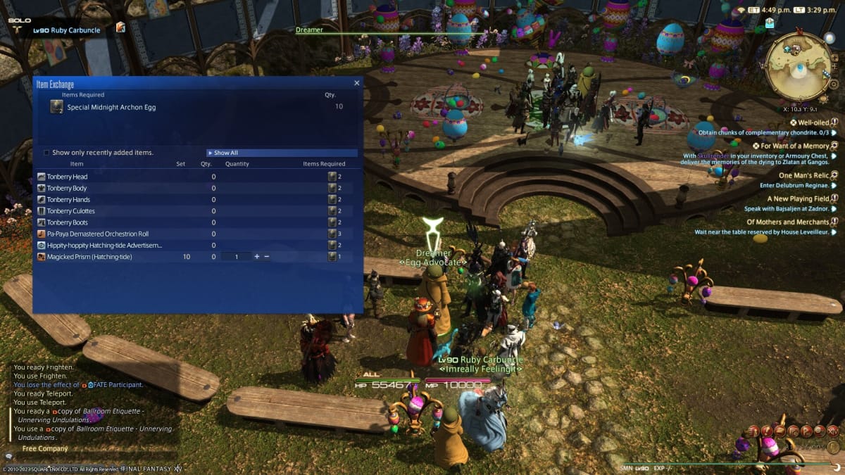 Viewing the event rewards for Final Fantasy XIV Hatching-Tide 2023 while targeting the Dreamer NPC.
