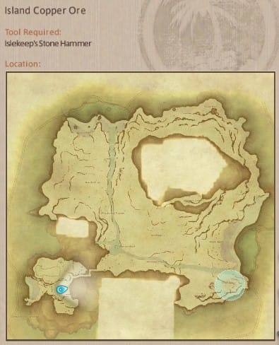 अंतिम काल्पनिक XIV द्वीप अभयारण्य द्वीप तांबे अयस्क सभा स्थान दिखाते हुए मानचित्र।