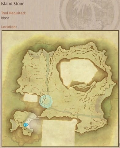 अंतिम काल्पनिक XIV द्वीप अभयारण्य द्वीप पत्थर पत्थर सभा स्थान दिखाते हुए मानचित्र।