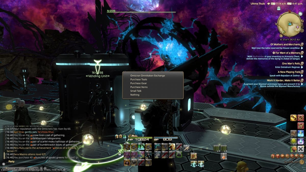 Screenshot showing Final Fantasy XIV Omicron tribal quest vendor N-0598.
