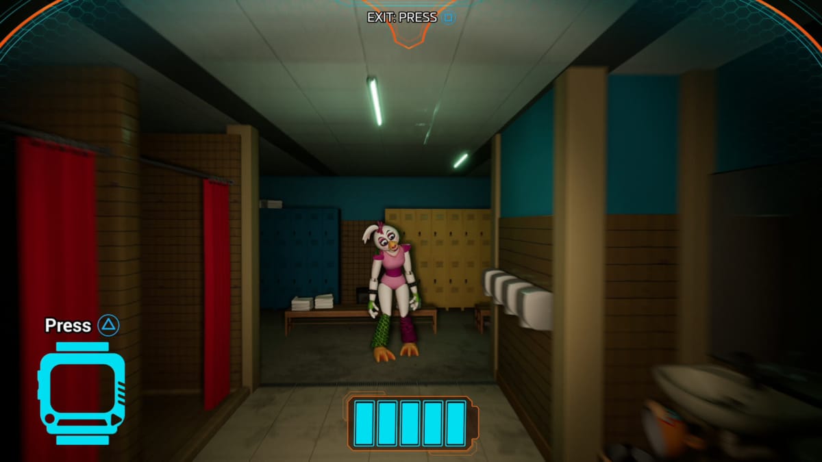 The player facing down an animatronic in a locker room in Five Nights at Freddy's: Security Breach
