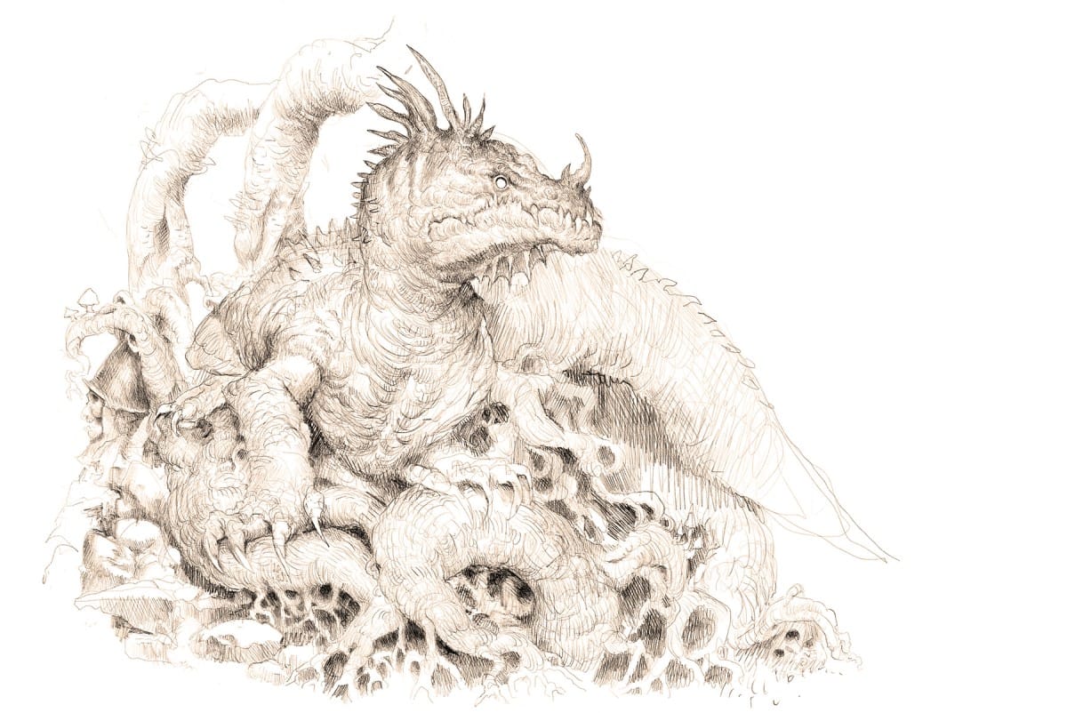 An illustration of a dragonlike creature from the Forbidden Lands Expansion Book of Beasts illustrated in a pencil sketch artstyle