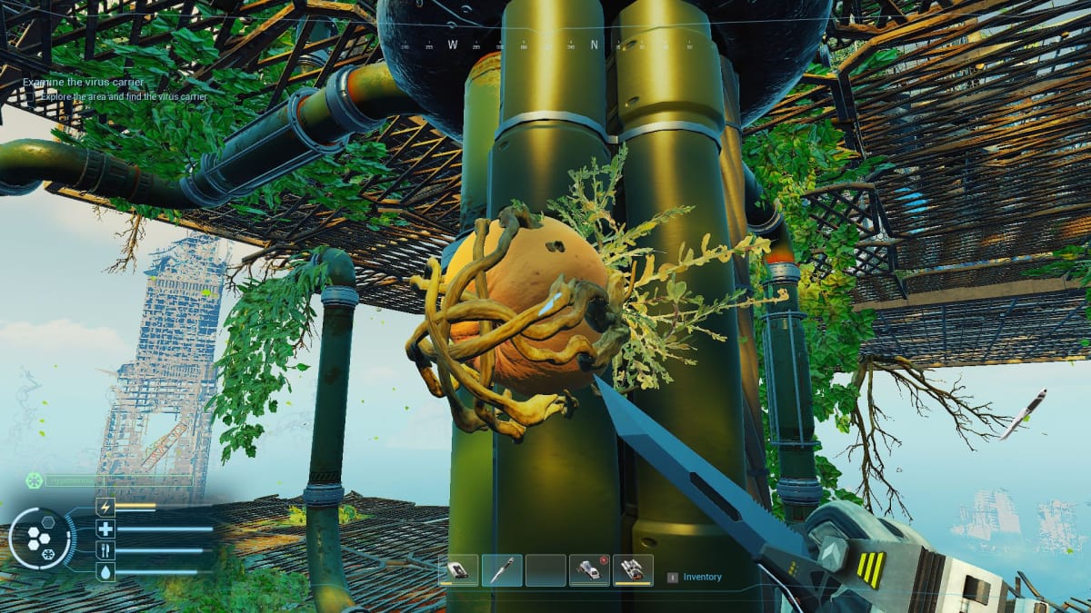 Forever Skies screenshot showing a pale-green spherical plant sticking to the side of a central beam. 