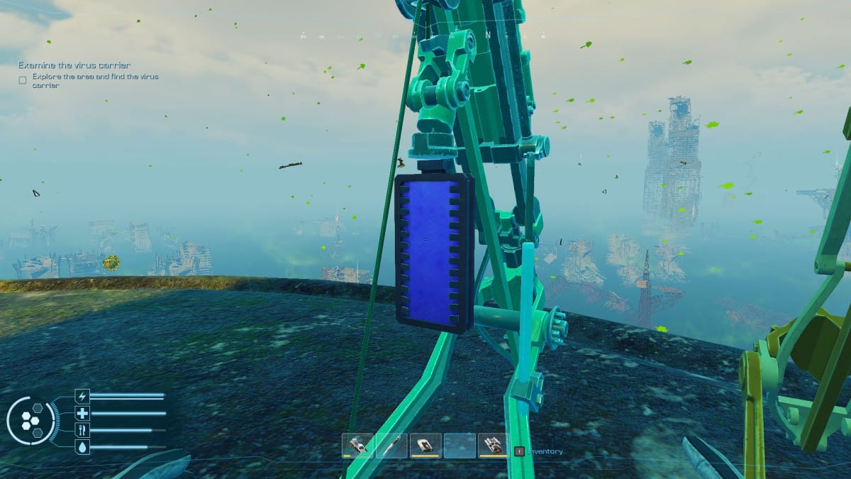 Forever Skies screenshot showing a purple oblong sitting in a mechanical insect fishing apparatus