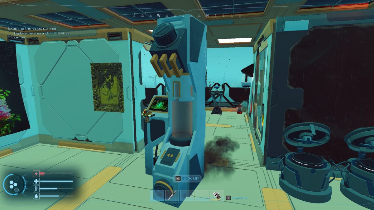 Forever Skies screenshot showing a tall white medical-looking device standing in the middle of a sparsely furnished space ship. 