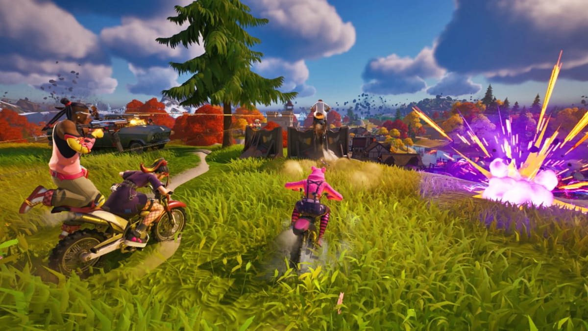 Players riding around on bikes and shooting at one another in Fortnite