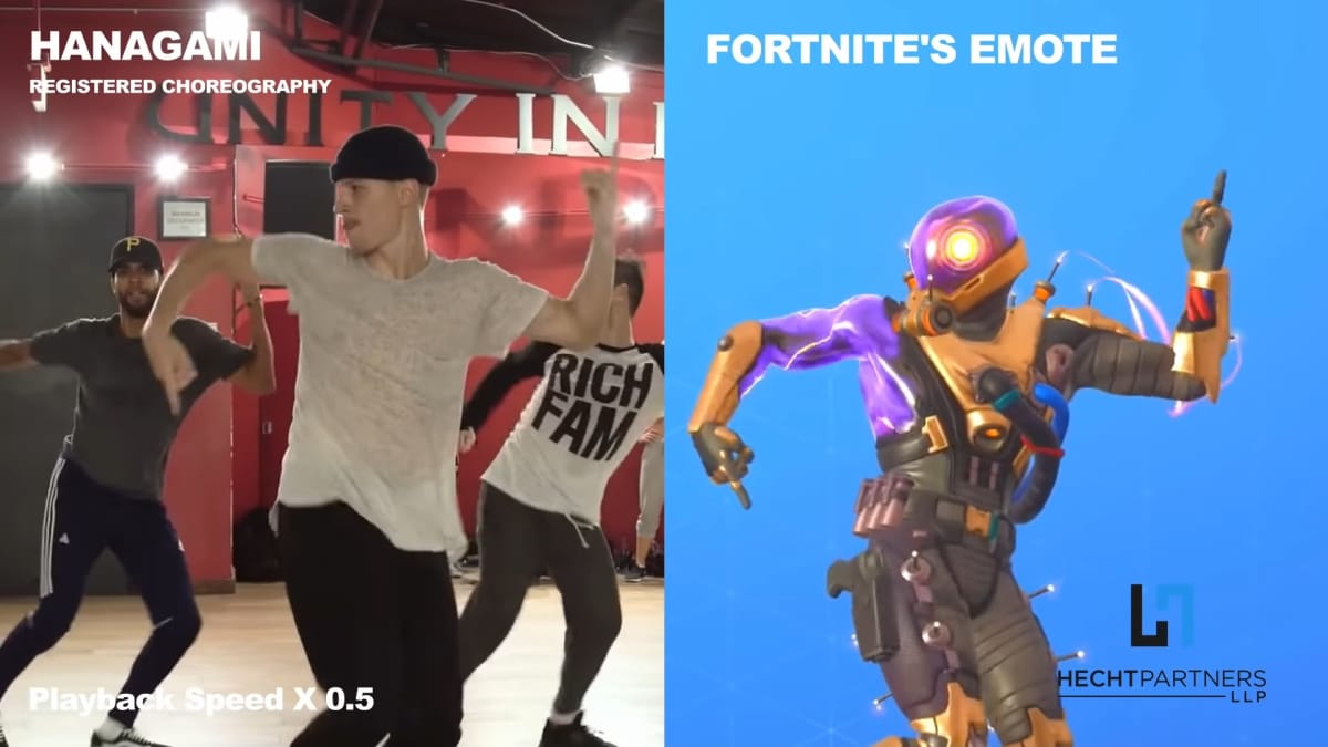 A screenshot from a YouTube video alleging similarities between the Fortnite dance and Hanagami's choreography.