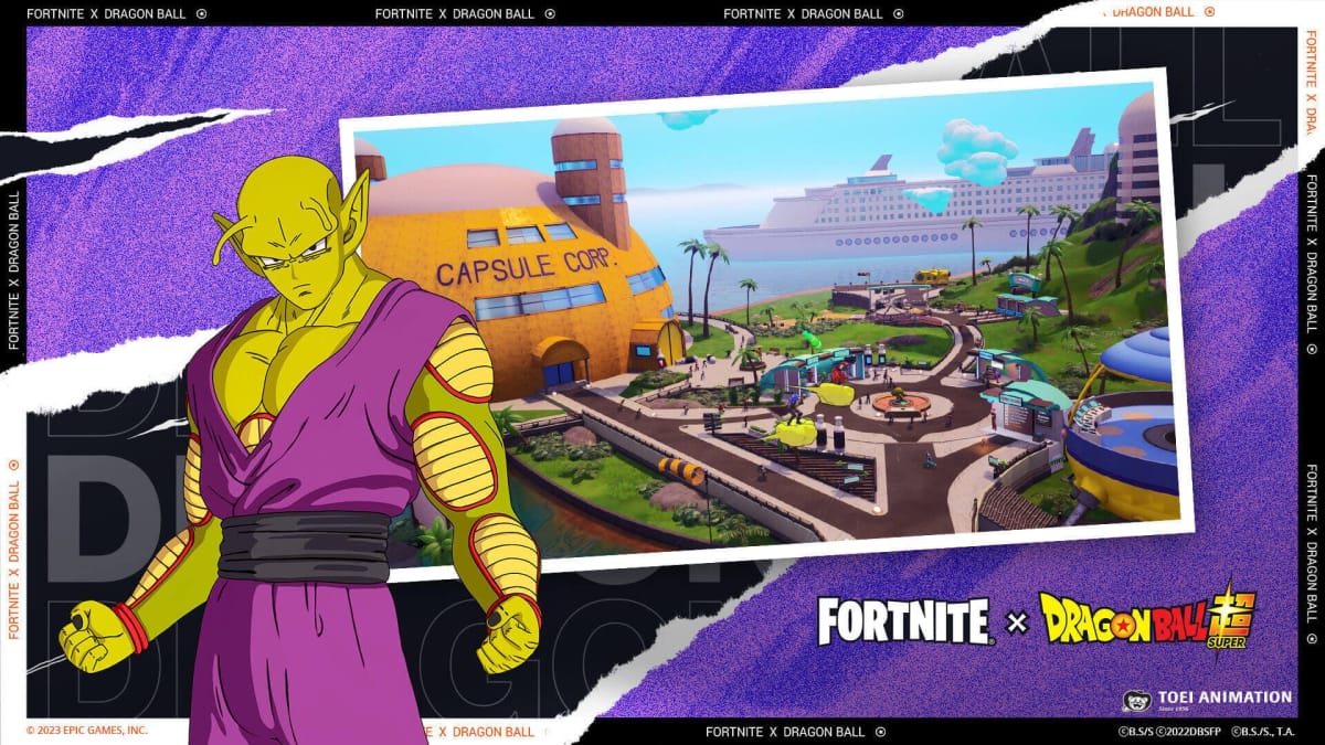 Piccolo and a picture of Dragon Ball Adventure Island in the Fortnite v23.30 update