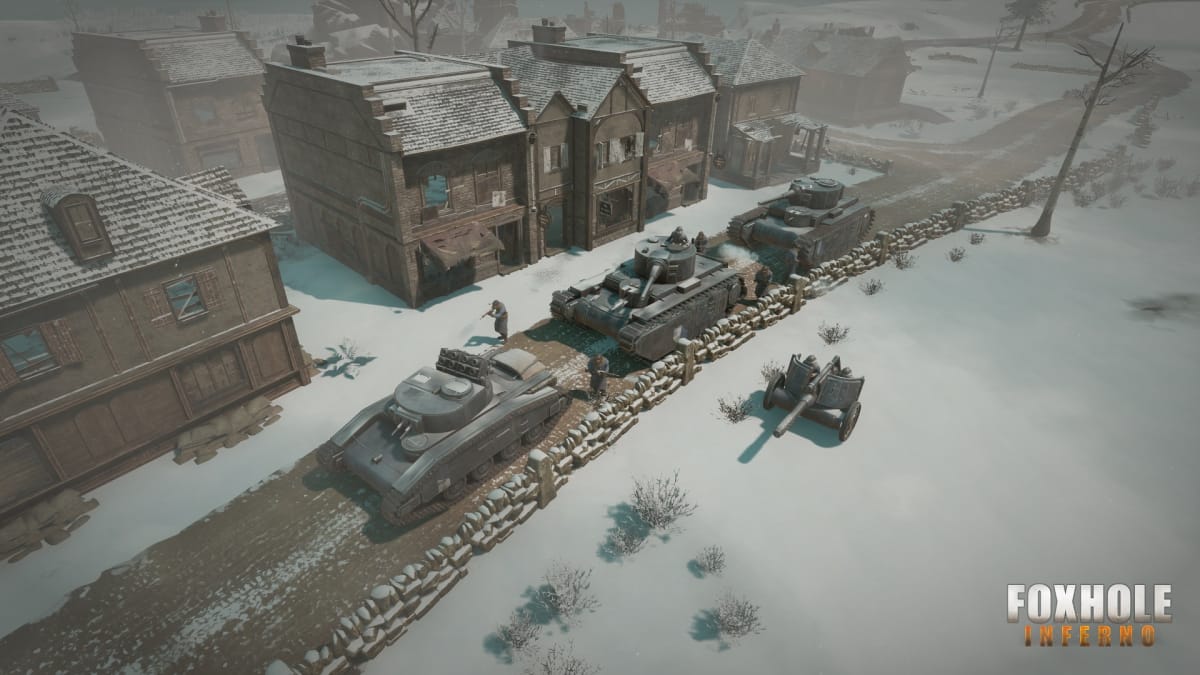 Foxhole 1.0 screenshot showing off three vehicles, a battle-torn town, and an anti-tank gun.