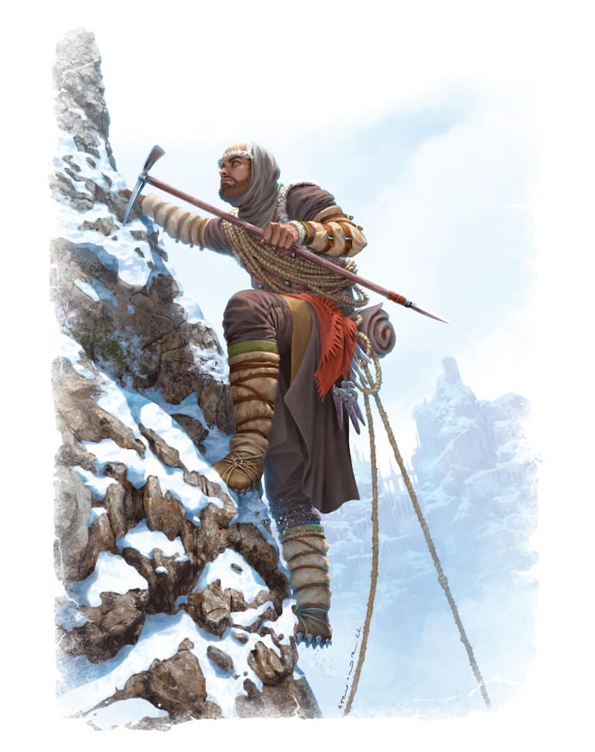 An illustration of a soldier climbing a mountain in Frostgrave: The Wildwoods