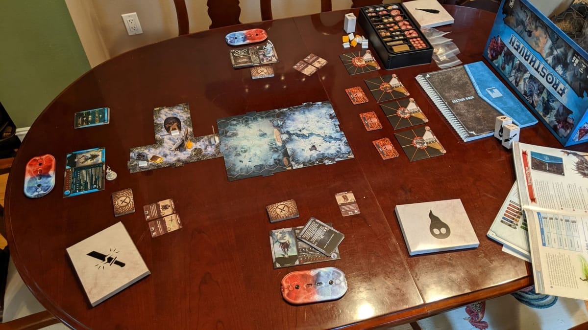 Scenario 1 of Frosthaven set up for three players