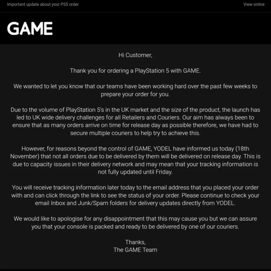 GAME PS5 UK launch message to customers.jpg
