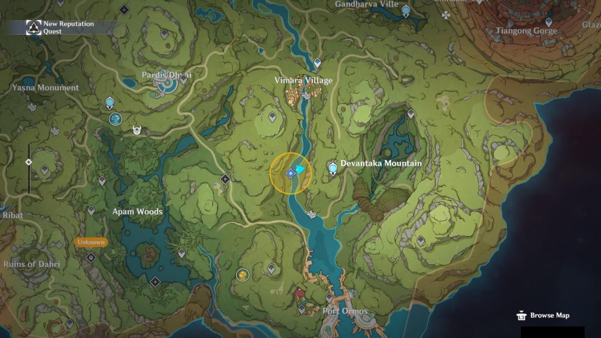 An image of the Genshin Impact map with a region that's part of The Lost Child quest