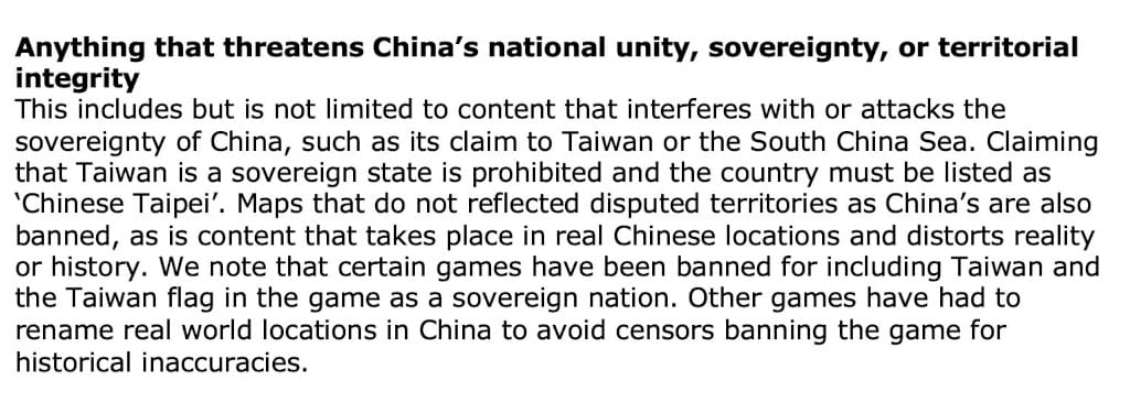 An excerpt from a report by Niko Partners about games like Genshin Impact not being able to contain or display content that "threatens China's national unity"