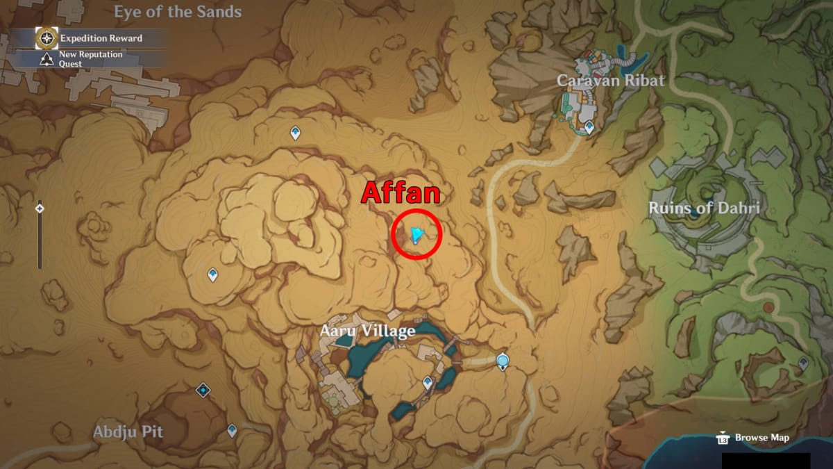 Genshin Impact A map showing the location of the Affan in the mountains north of Aaru Village, Sumeru, where players can start the A Gifted Rose: Prickly as Thorns World Quest.