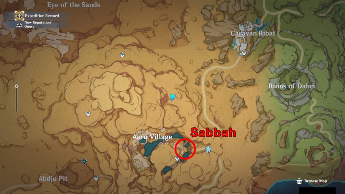 Genshin Impact A map showing the location of the Sabbah in Aaru Village, Sumeru, where players can start The Exile: Sprouting World Quest.