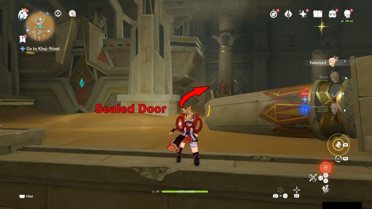 Genshin Impact The sealed door that needs to be opened using the Scarlet Sand Slate in the right chamber of the Khemenu Temple.