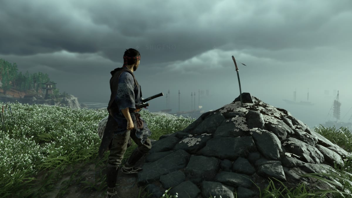 Jin in front of a grave marked by a sword, Mongol ships are seen in the distance, Ghost of Tsushima