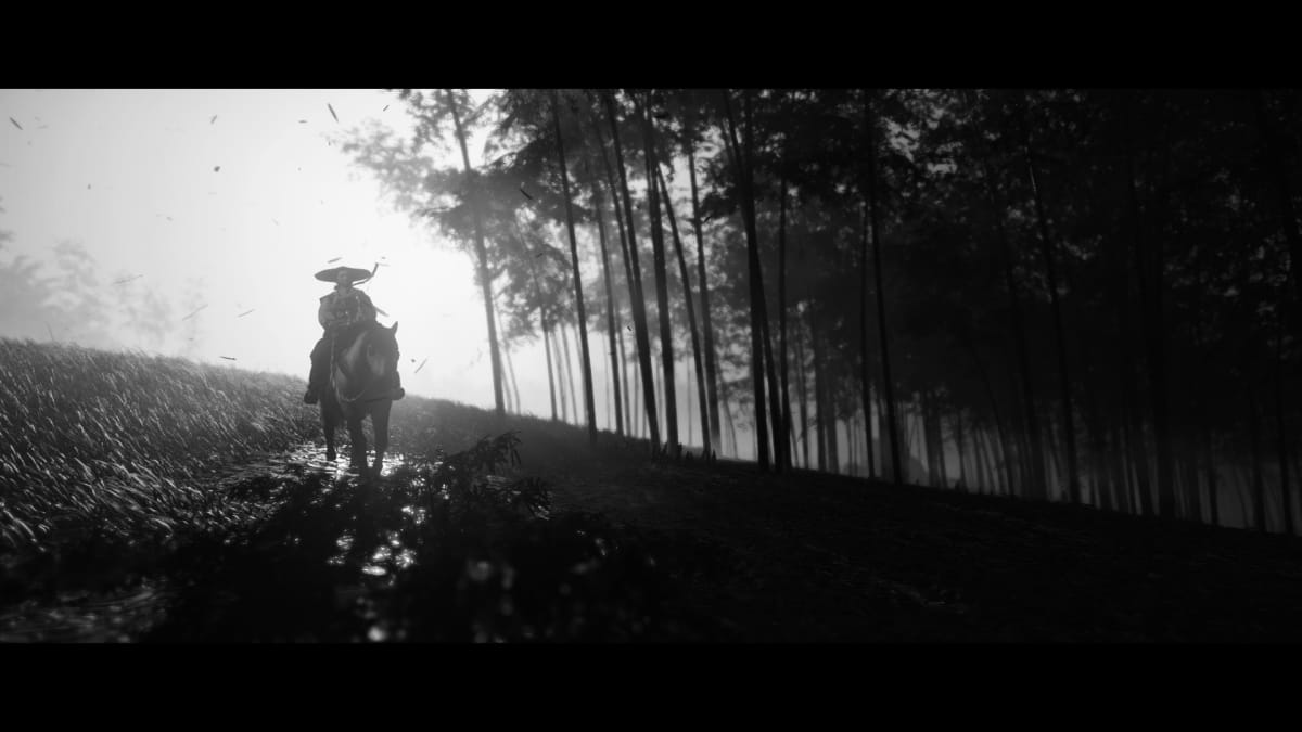 Jin traveling on horseback through a misty forest, Ghost of Tsushima