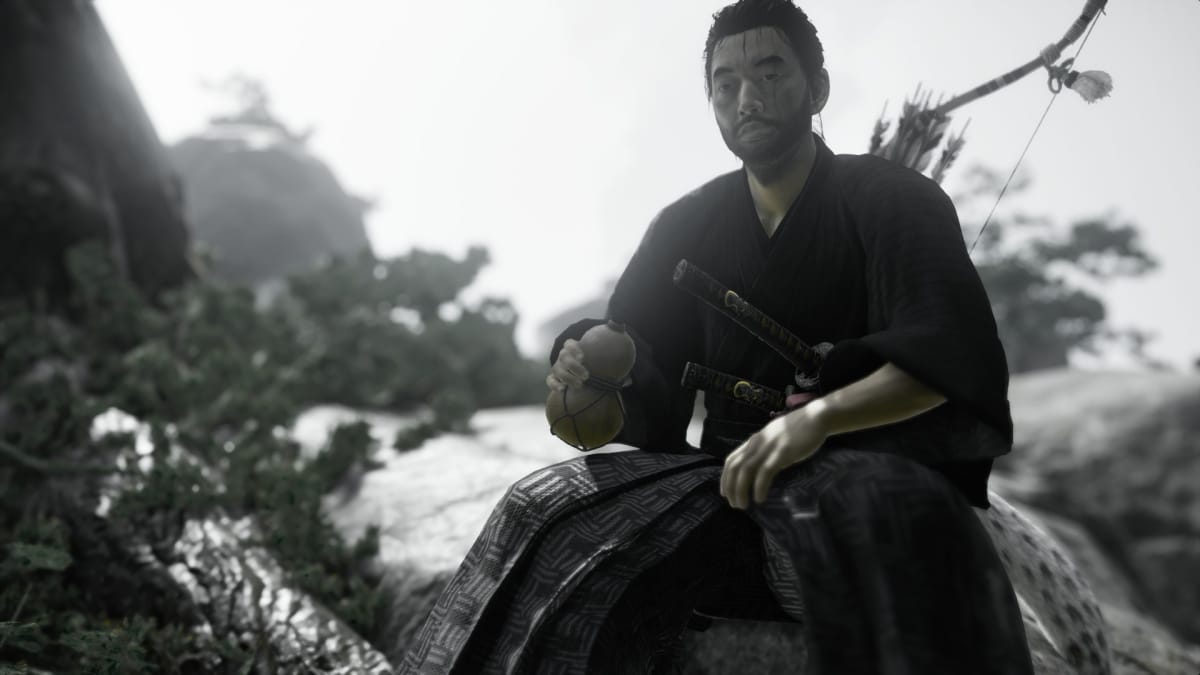 Jin sitting while drinking from a gourd, the sun at his back, Ghost of Tsushima