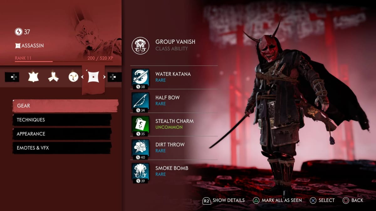 A masked warrior with multple stats and gear items being highlighted