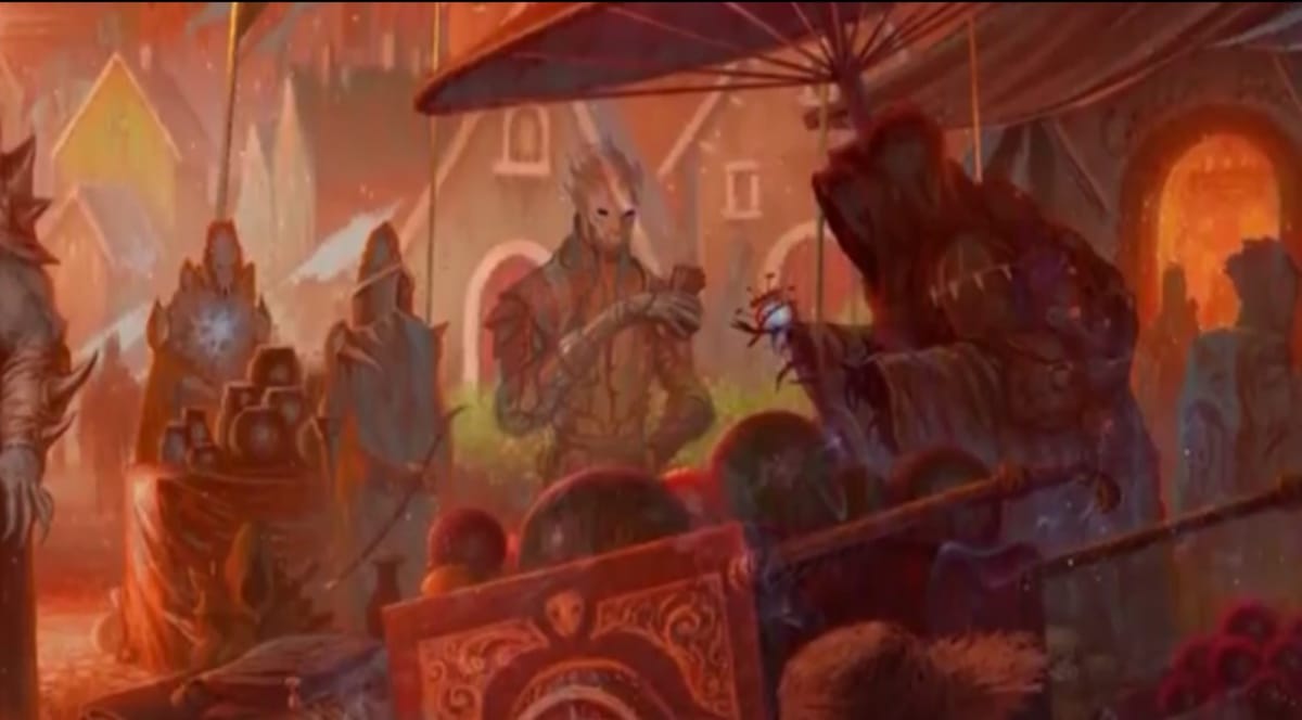 Concept art from Gloomhaven depicting a marketplace
