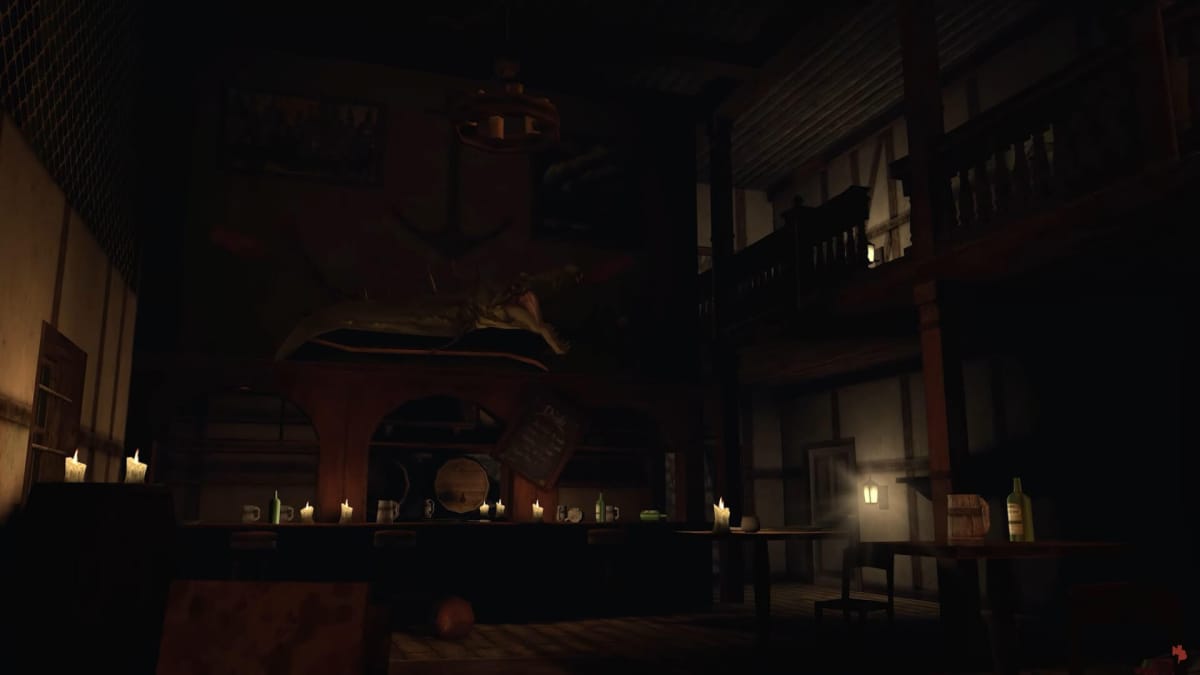A moody interior shot of the new Tavern level in Gloomwood