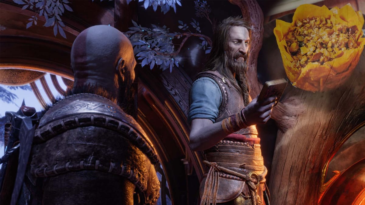 Kratos and Tyr standing in Sindri's home with an image of baklava tart from the God of War Cookbook