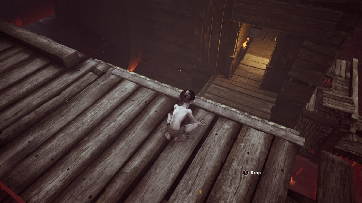 Gollum screenshot showing gollum standing on a wooden walkway, looking down at other walkways below him. 