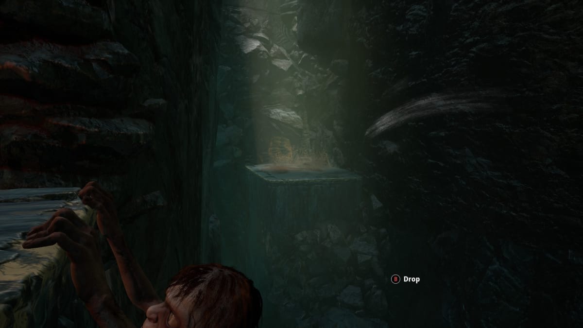 Gollum screenshot showing gollum in a very narrow passage that ends in an exposed ledge. 