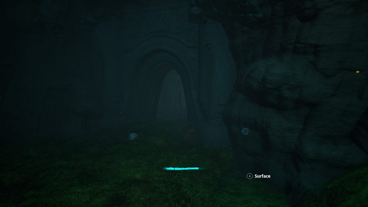 Gollum screenshot showing an underwater tunnel entrance with a carved lintel. 