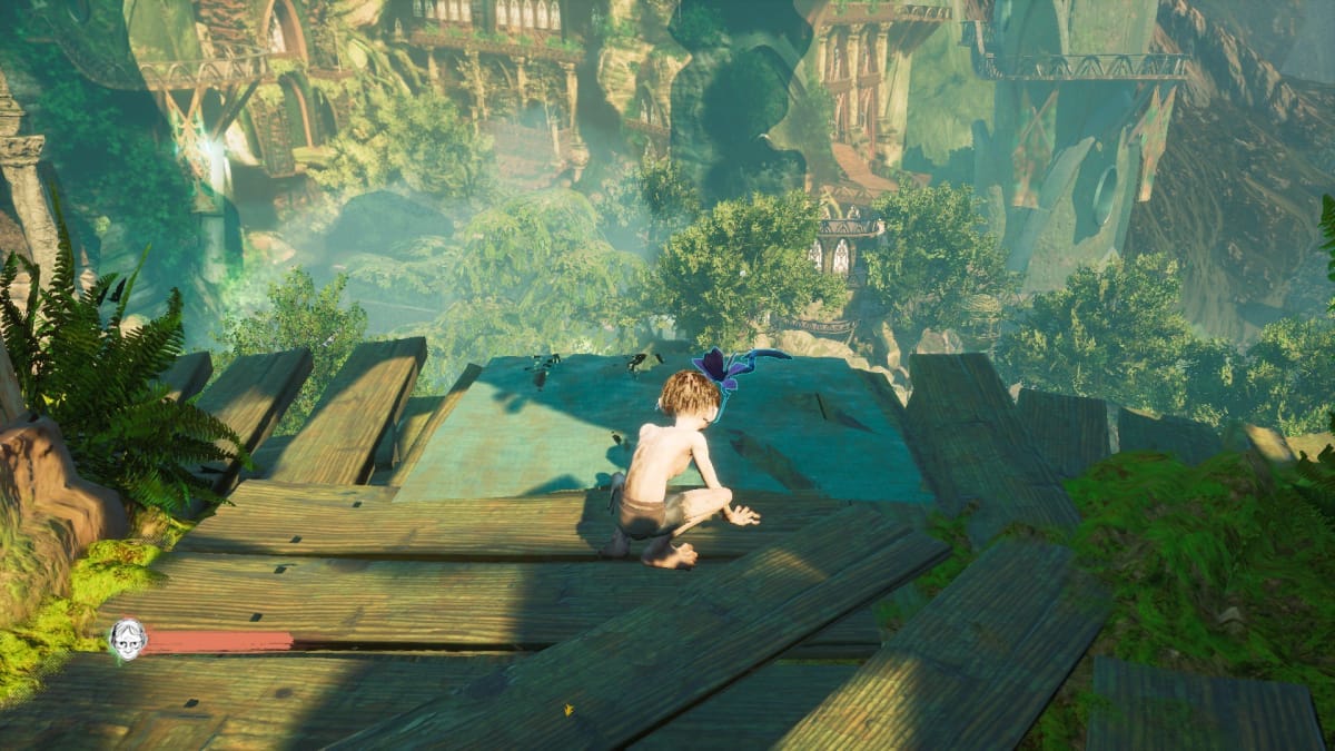 Gollum screenshot showing a beautiful ruined tower covered in plants 
