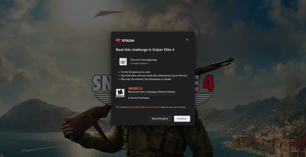 The window that pops up on the new Google Stadia Trial demo when you complete an achievement