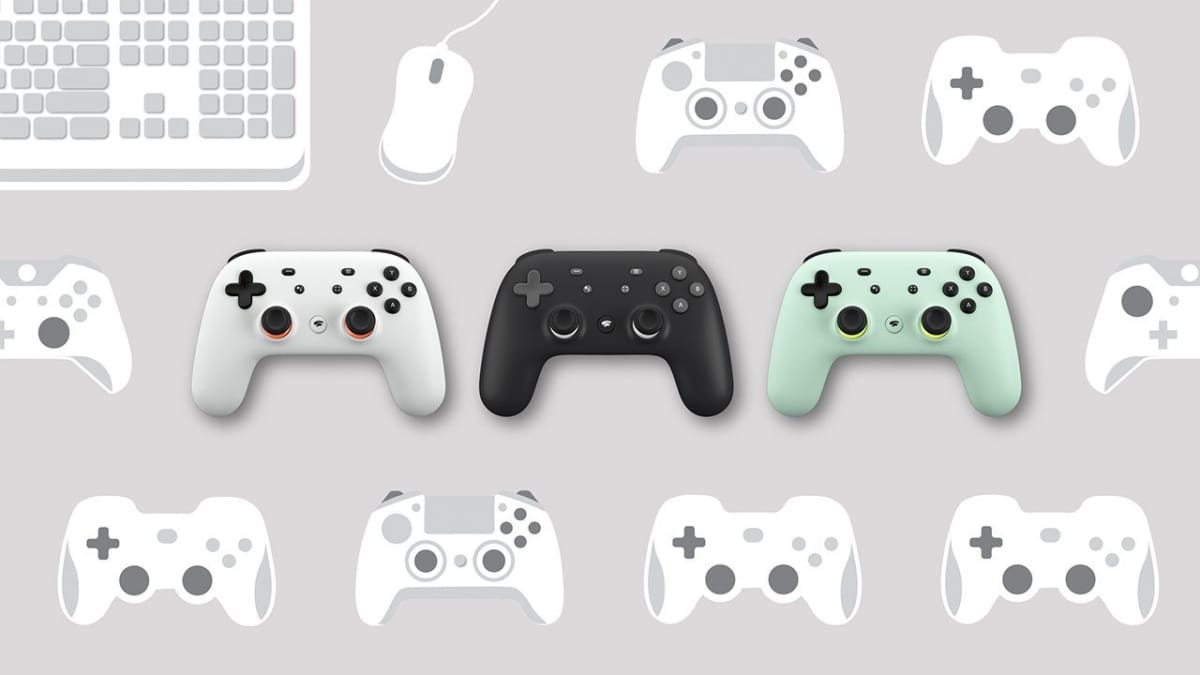 The three color variants of the Stadia controller