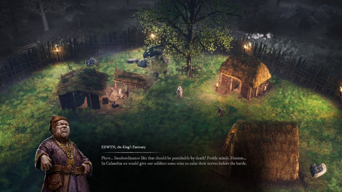 Gord screenshot showing several small wooden huts dotted around a grassy woodland area. 