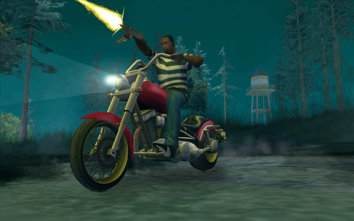CJ riding a bike and shooting a gun in Grand Theft Auto: San Andreas