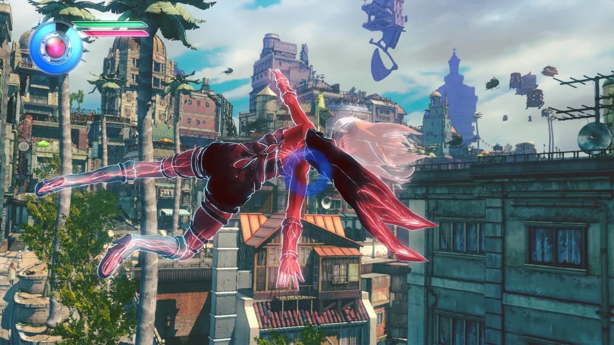 Gravity Rush Gameplay screenshot, showing main character Kat floating in the air and pulsating with bright white energy, as she uses her Gravity powers within the sky city.