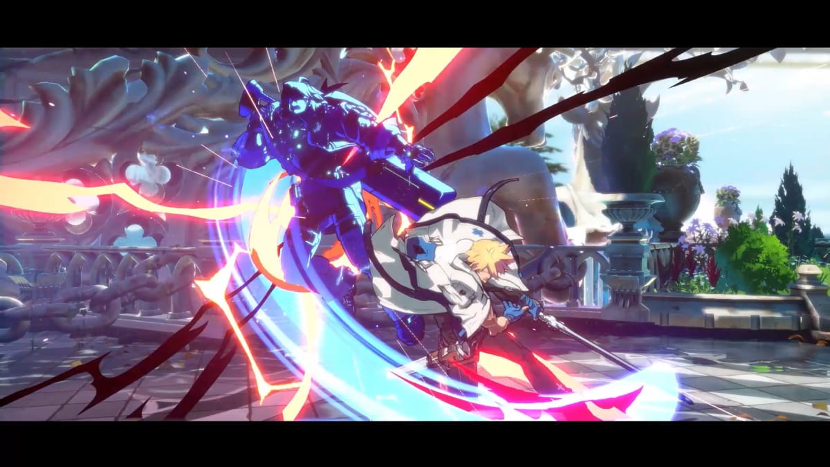 Guilty Gear Strive DLC screenshot of character swinging a massive weapon at an enemy, 