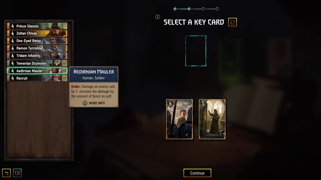 A Key Card selection screen with different human soldier cards shown