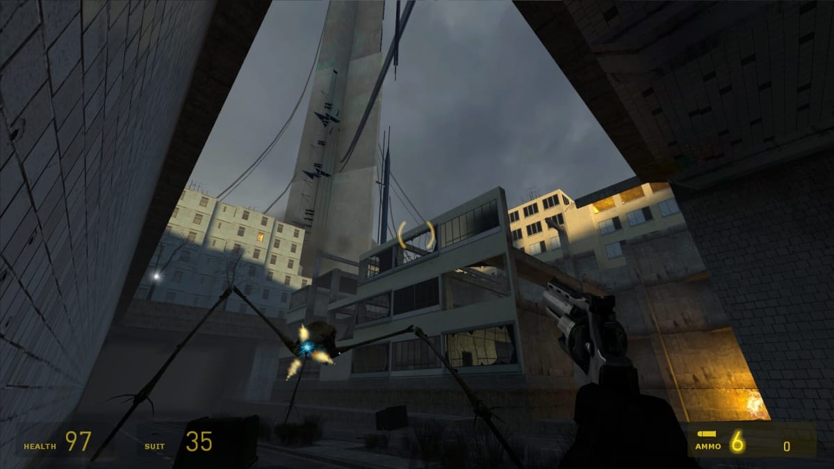 Gordon Freeman shooting a Strider amongst the ruins of a bombed-out City 17 in the Half-Life 2 mod that mirrors the game