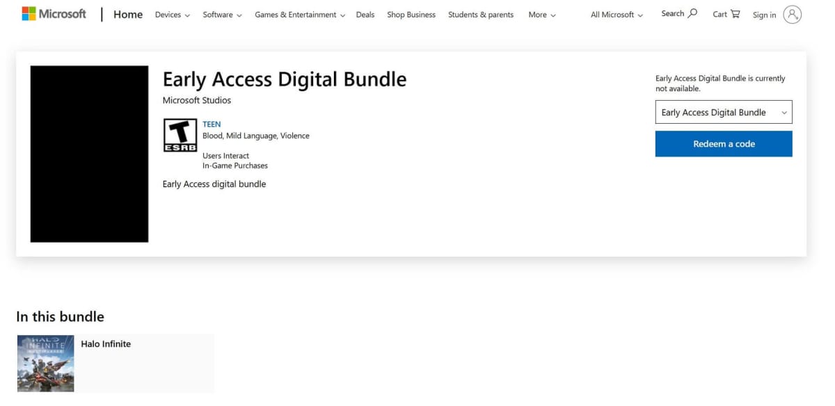 The Microsoft Store listing for a Halo Infinite Early Access digital bundle