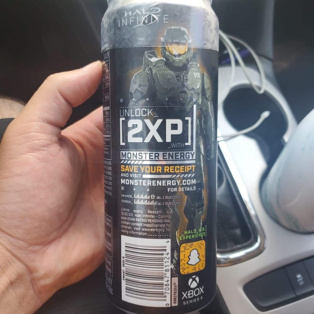 A Monster Energy Drink can with Halo Infinite branding