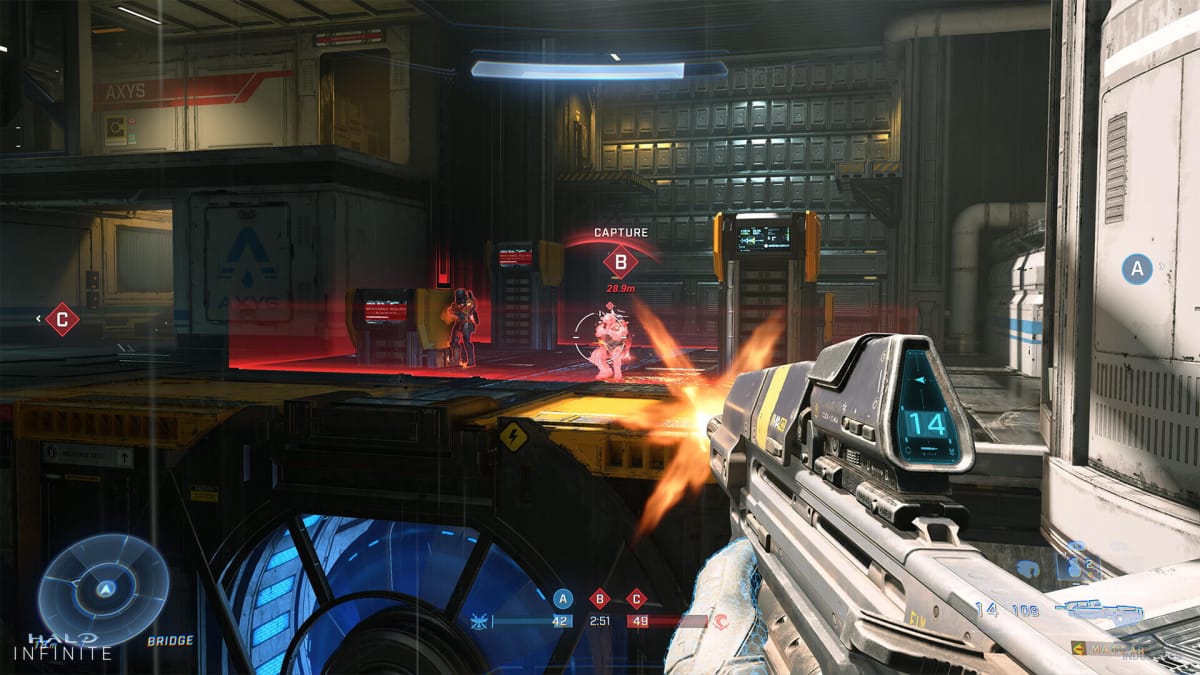 The player firing at opponents in the Halo Infinite multiplayer mode
