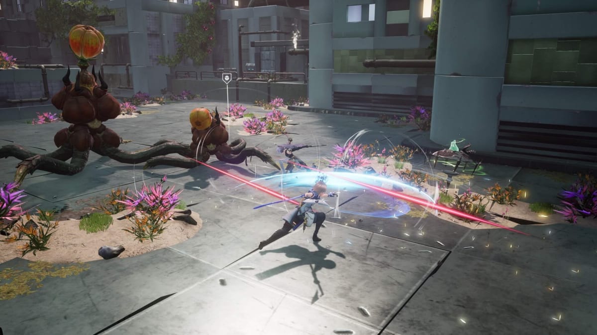 The player fighting enemies with the Sky Lancer job in Harvestella