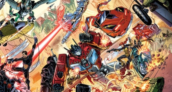 Artwork from the Hasbro comic event Revolution showing Transformers fighting multiple teams