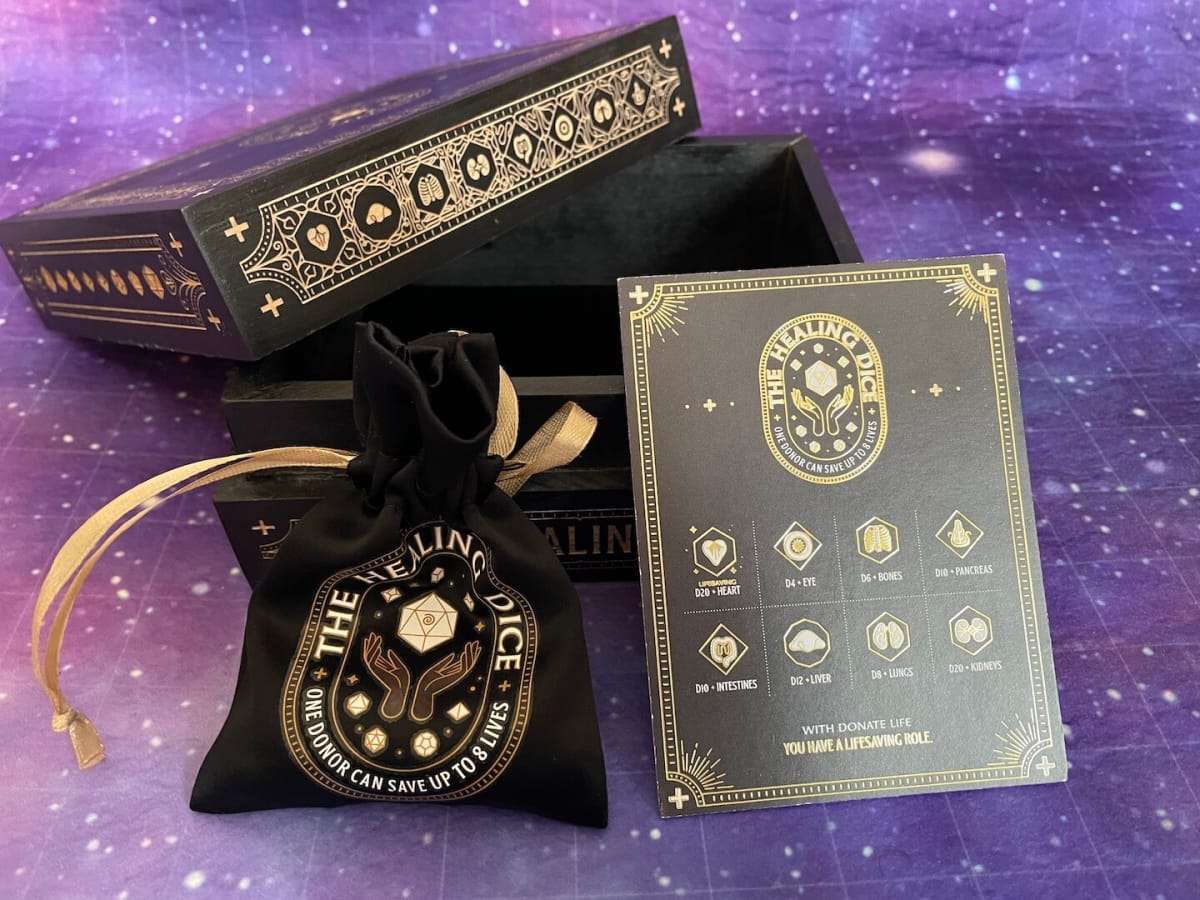 the healing dice box and packaging
